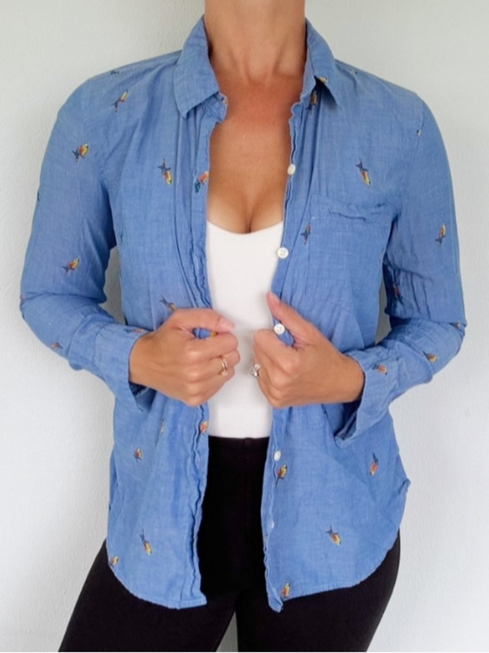 Old Navy The Classic Shirt blue chambray denim parrot print button down small
